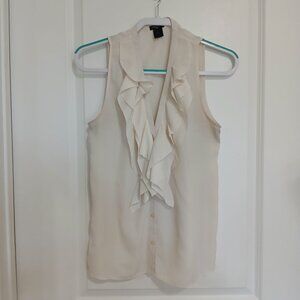 Ann Taylor Ruffle Front Top Ivory Blouse Women's Size S Cream Sleeveless Button